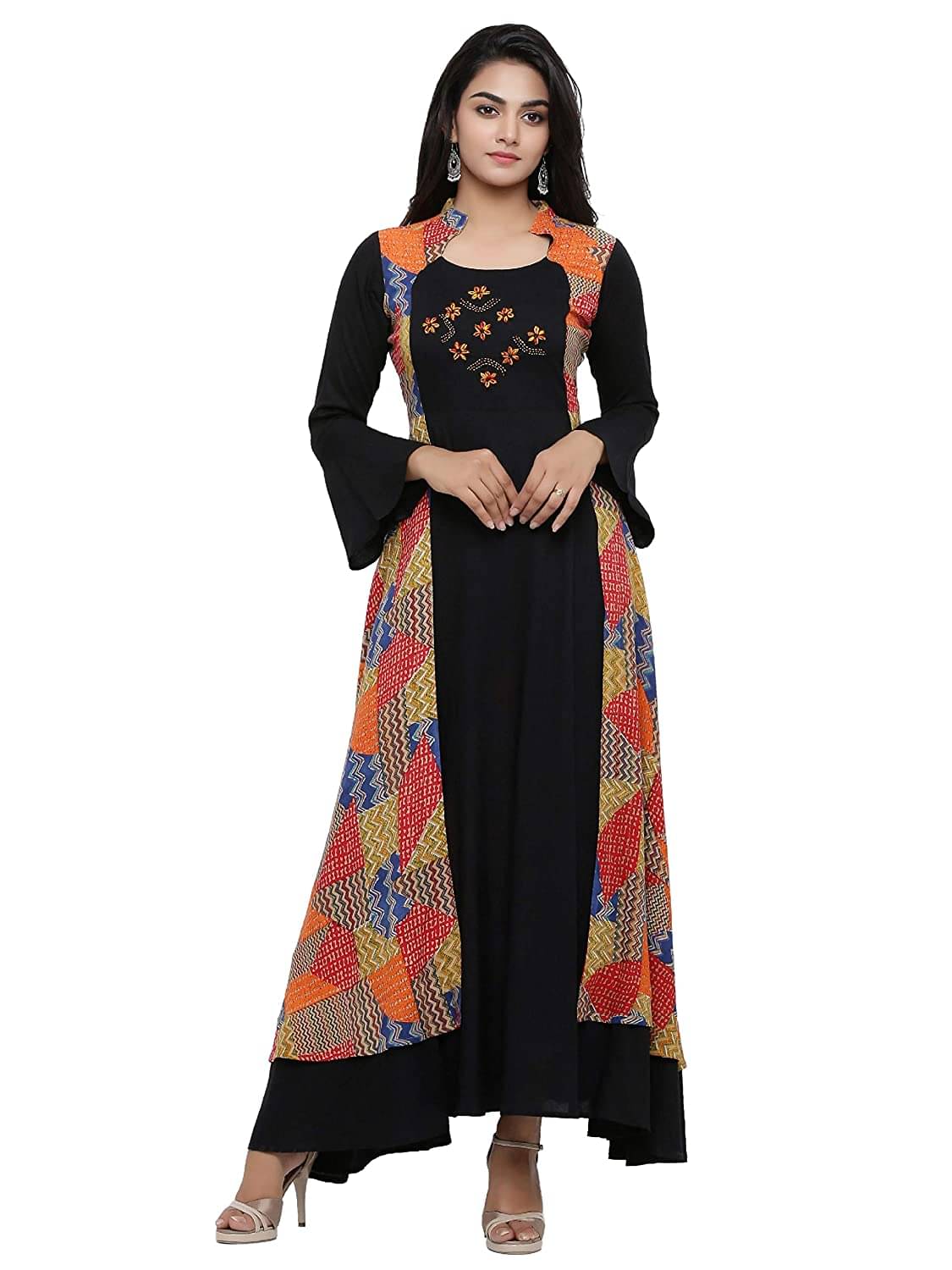 Yash Gallery Pack of 1 Rayon Printed Anarkali Women's Kurti - ( Black ) Yash Gallery Pack of 1 Rayon Printed Anarkali Women's Kurti - ( Black )