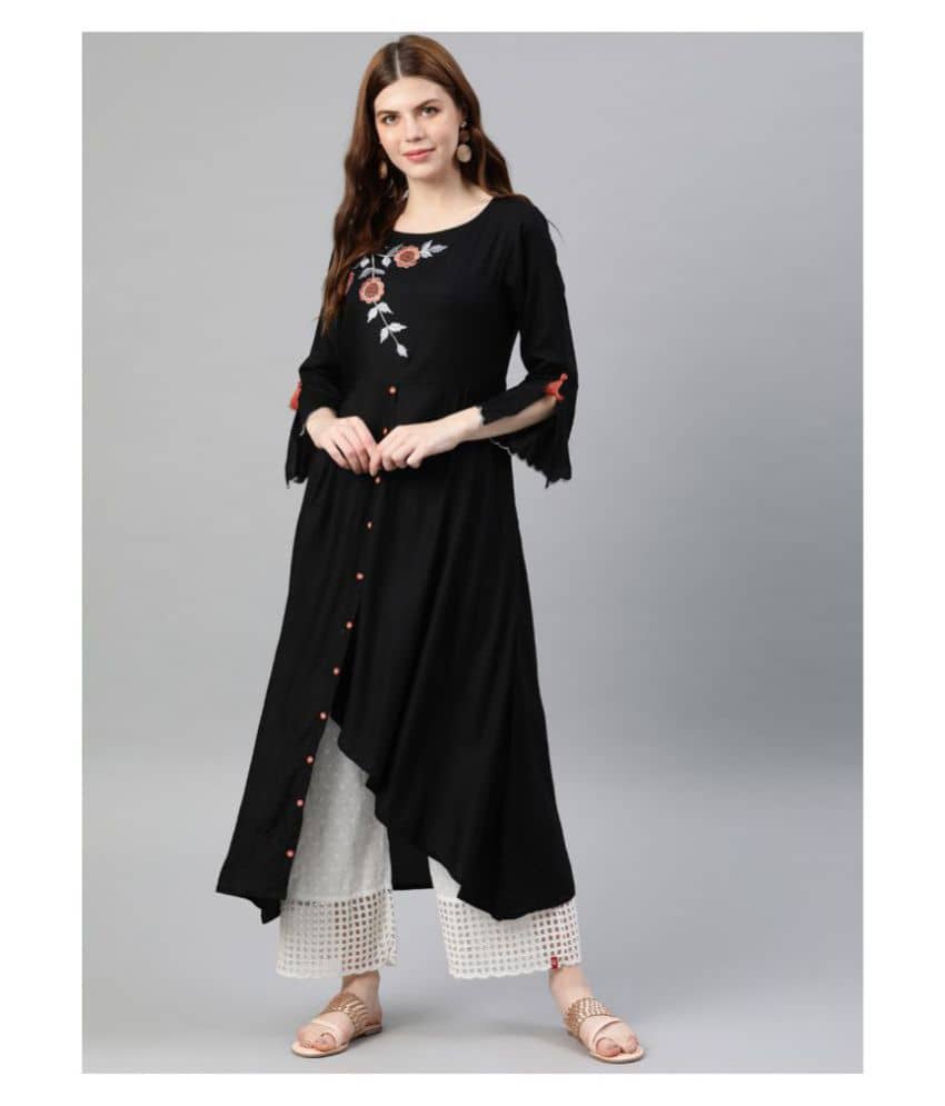 Yash Gallery Pack of 1 Rayon Embroidered Asymmetrical Women's Kurti - ( Black ) - Kurtis, Tunics | Buy online on ZillyBuy