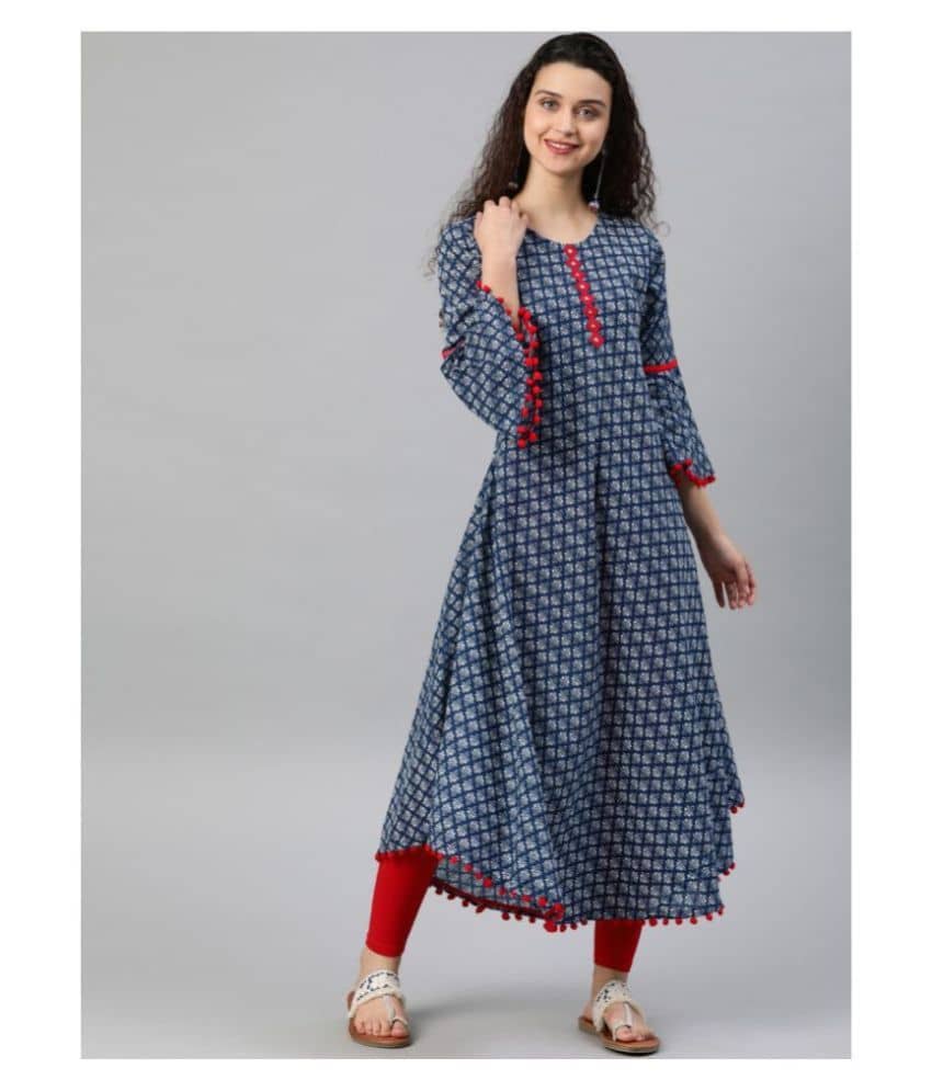 Yash Gallery Pack of 1 Cotton Printed Asymmetrical Women's Kurti - ( Blue ) - Kurtis, Tunics | Buy online on ZillyBuy