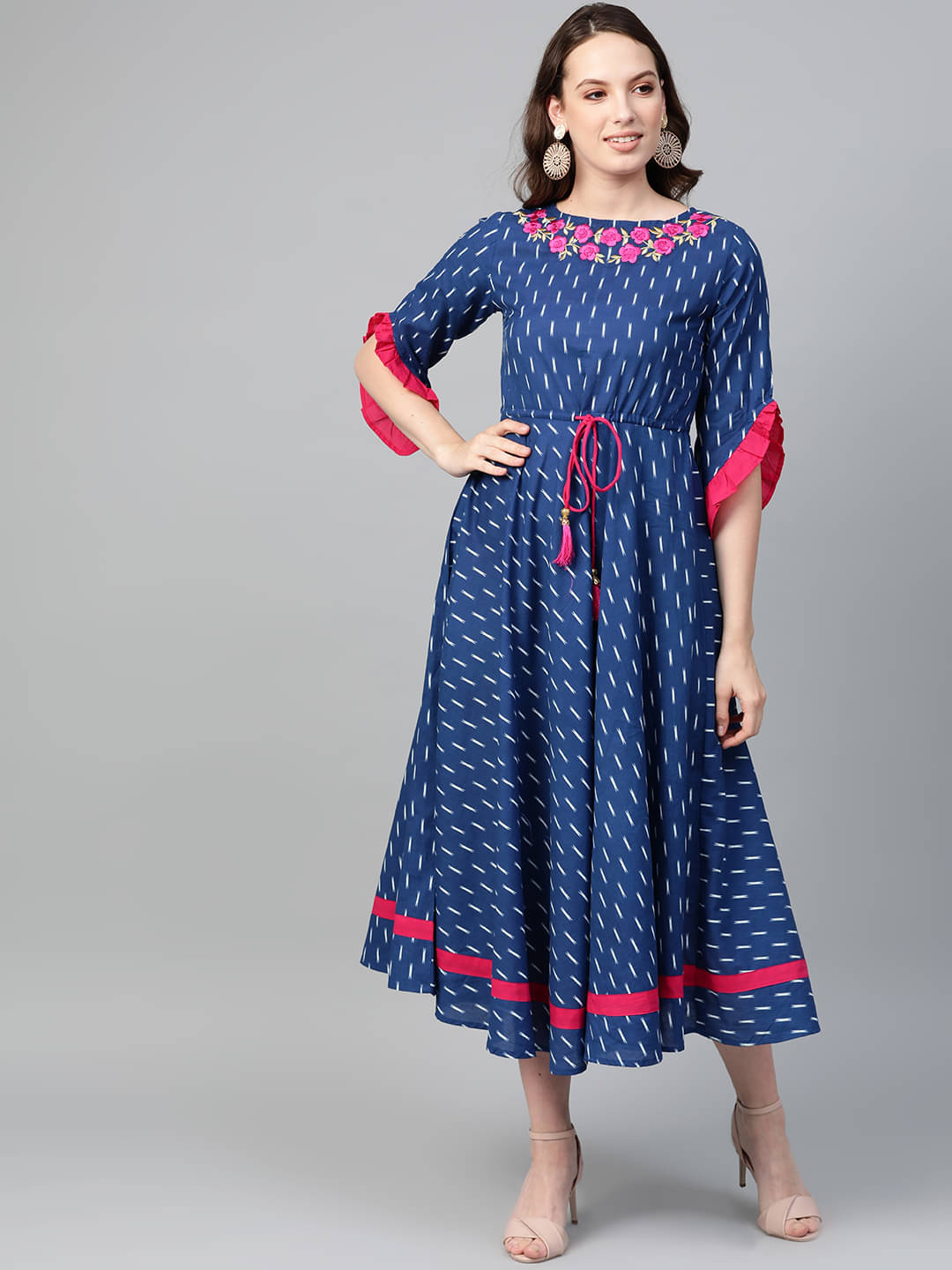     			Yash Gallery Pack of 1 Cotton Blend Embroidered Flared Women's Kurti - ( Blue )