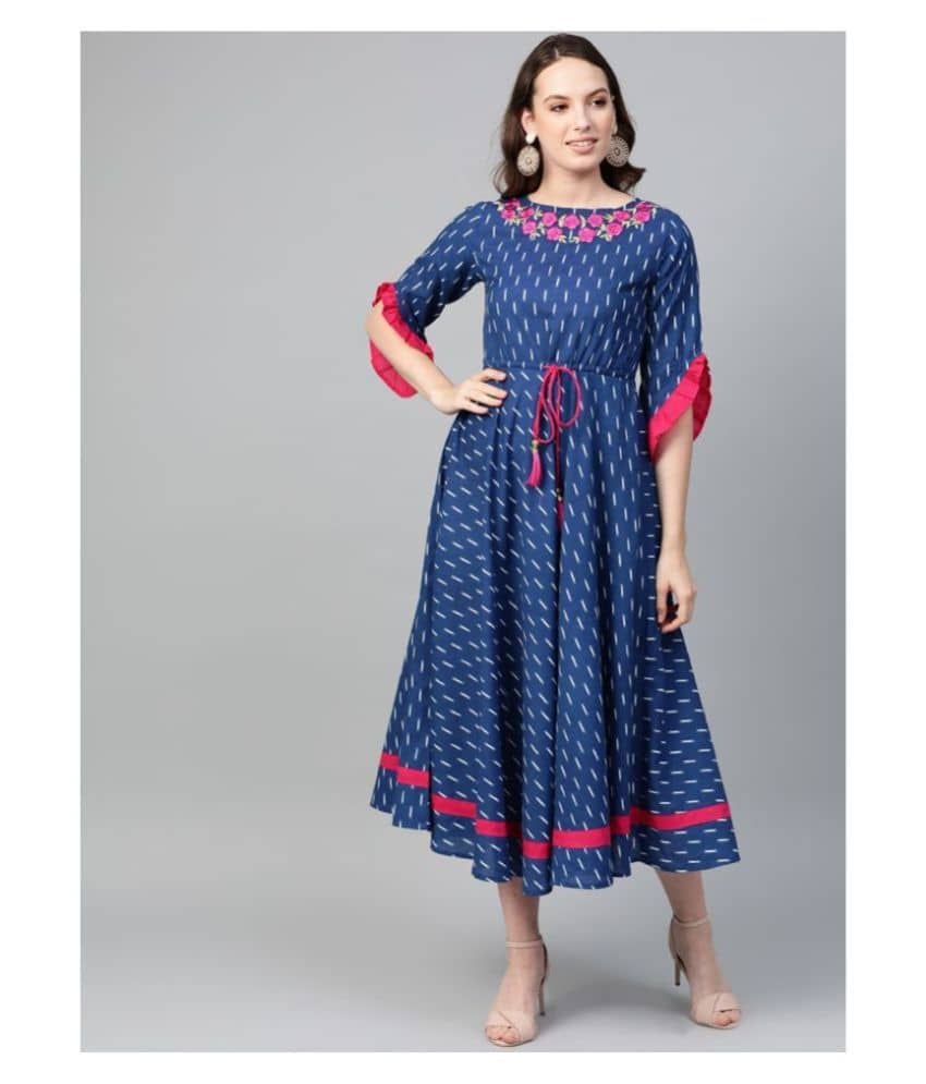 Yash Gallery Pack of 1 Cotton Blend Embroidered Flared Women's Kurti - ( Blue ) - Kurtis, Tunics | Buy online on ZillyBuy