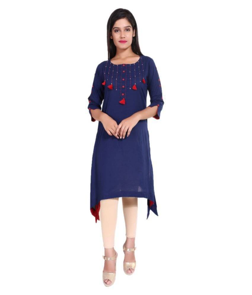 Yash Gallery Pack of 1 Cotton Embroidered Asymmetrical Women's Kurti - ( Blue ) Yash Gallery Pack of 1 Cotton Embroidered Asymmetrical Women's Kurti - ( Blue )