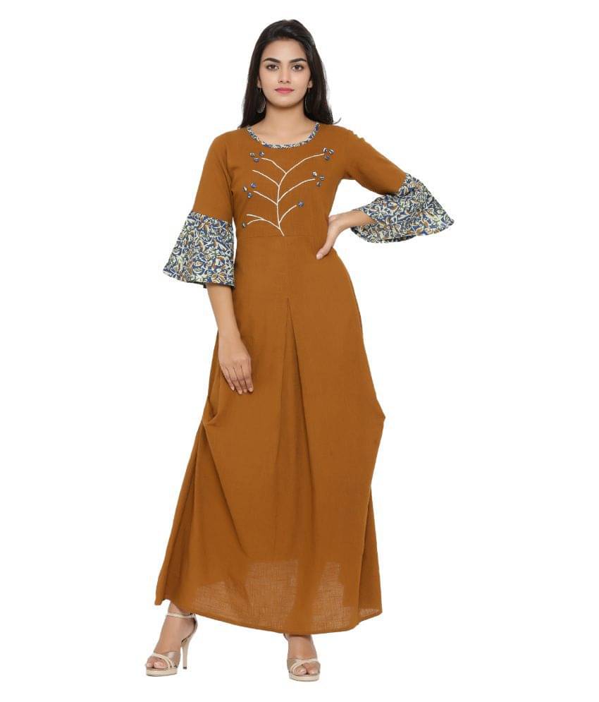 Yash Gallery Pack of 1 Cotton Embroidered Straight Women's Kurti - ( Brown )     			Yash Gallery Pack of 1 Cotton Embroidered Straight Women's Kurti - ( Brown )