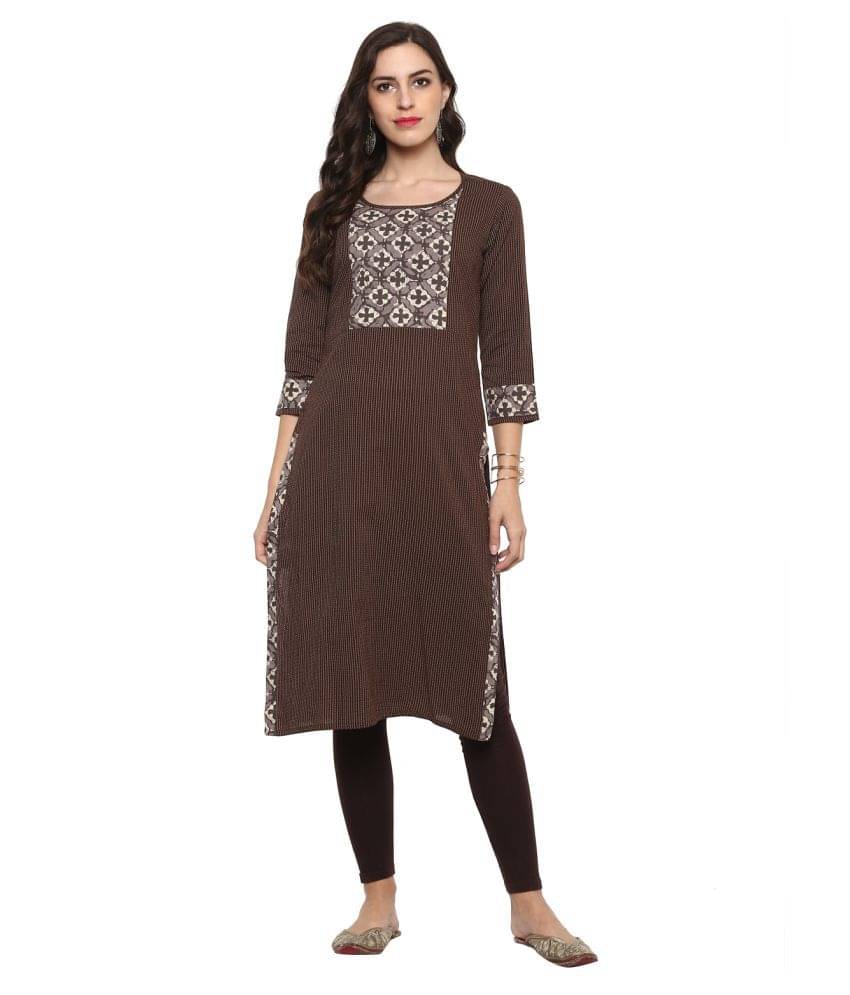 Yash Gallery Pack of 1 Cotton Printed Straight Women's Kurti - ( Brown )     			Yash Gallery Pack of 1 Cotton Printed Straight Women's Kurti - ( Brown )