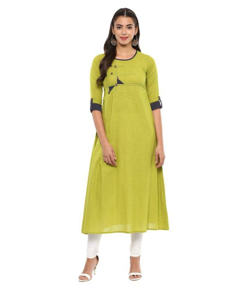 Yash Gallery Pack of 1 Cotton Applique Flared Women's Kurti - ( Green )     			Yash Gallery Pack of 1 Cotton Applique Flared Women's Kurti - ( Green )