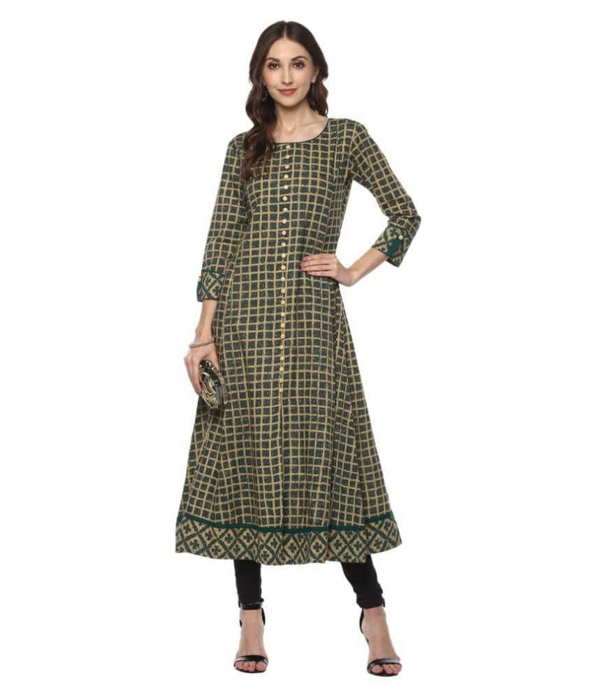 Yash Gallery Pack of 1 Cotton Printed Flared Women's Kurti - ( Green ) - Kurtis, Tunics | Buy online on ZillyBuy