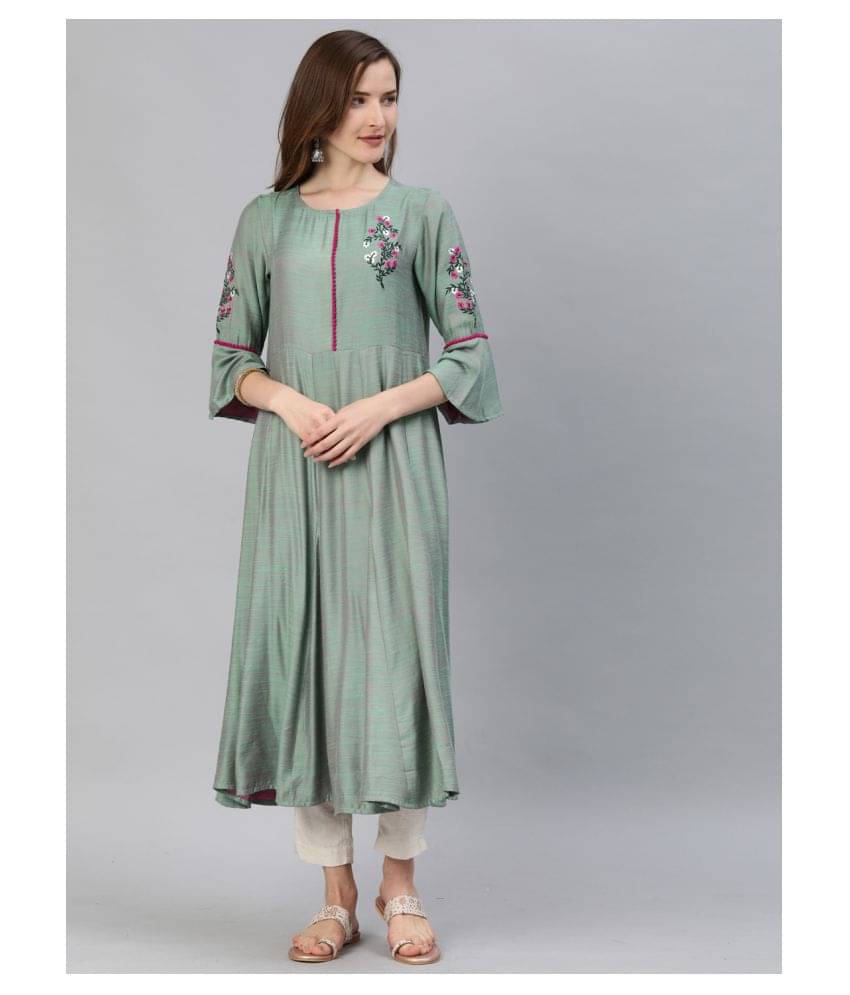 Yash Gallery Pack of 1 Viscose Embroidered Flared Women's Kurti - ( Green ) Yash Gallery Pack of 1 Viscose Embroidered Flared Women's Kurti - ( Green )