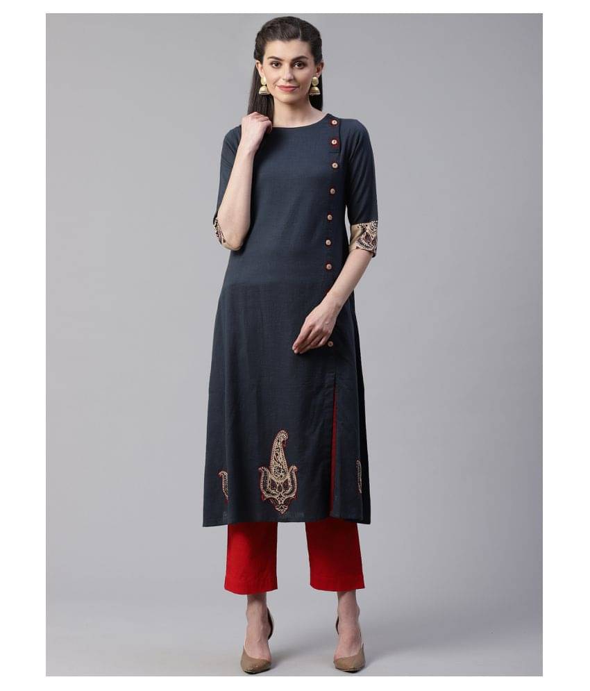 Yash Gallery Pack of 1 Cotton Applique Front Slit Women's Kurti - ( Grey ) Yash Gallery Pack of 1 Cotton Applique Front Slit Women's Kurti - ( Grey )