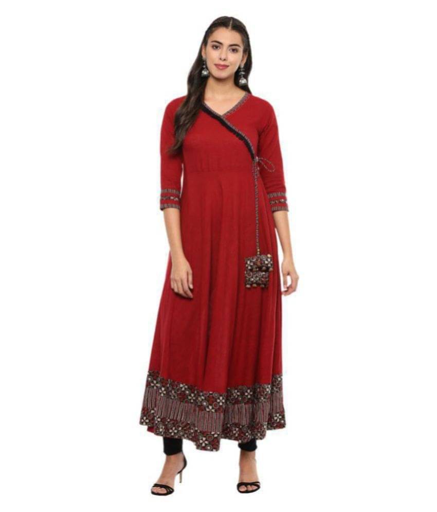 Yash Gallery Pack of 1 Cotton Embellished Angrakha Women's Kurti - ( Red ) Yash Gallery Pack of 1 Cotton Embellished Angrakha Women's Kurti - ( Red )