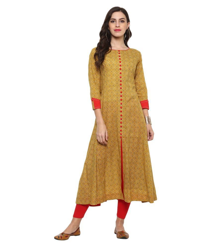 Yash Gallery Pack of 1 Cotton Printed Anarkali Women's Kurti - ( Yellow ) - Kurtis, Tunics | Buy online on ZillyBuy