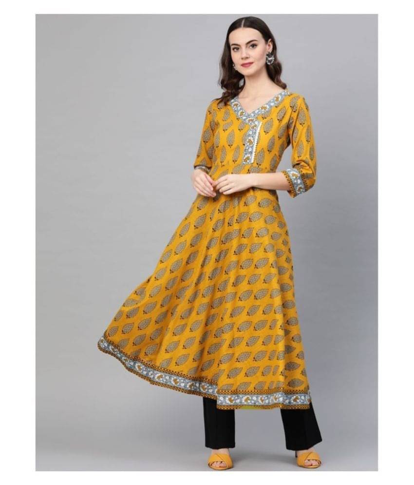     			Yash Gallery Pack of 1 Cotton Printed Flared Women's Kurti - ( Yellow )