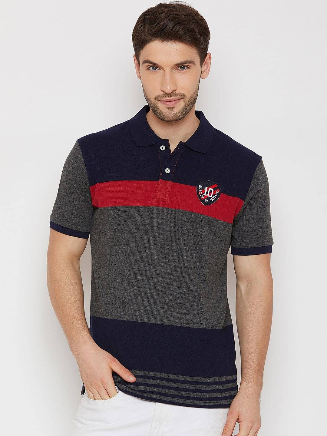 AUSTIN WOOD Cotton Blend Navy Color Block Polo T Shirt AUSTIN WOOD Cotton Blend Navy Color Block Polo T Shirt