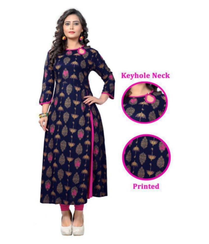 Vbuyz - Blue Rayon Women's Front Slit Kurti ( Pack of 1 ) - Kurtis, Tunics | Buy online on ZillyBuy