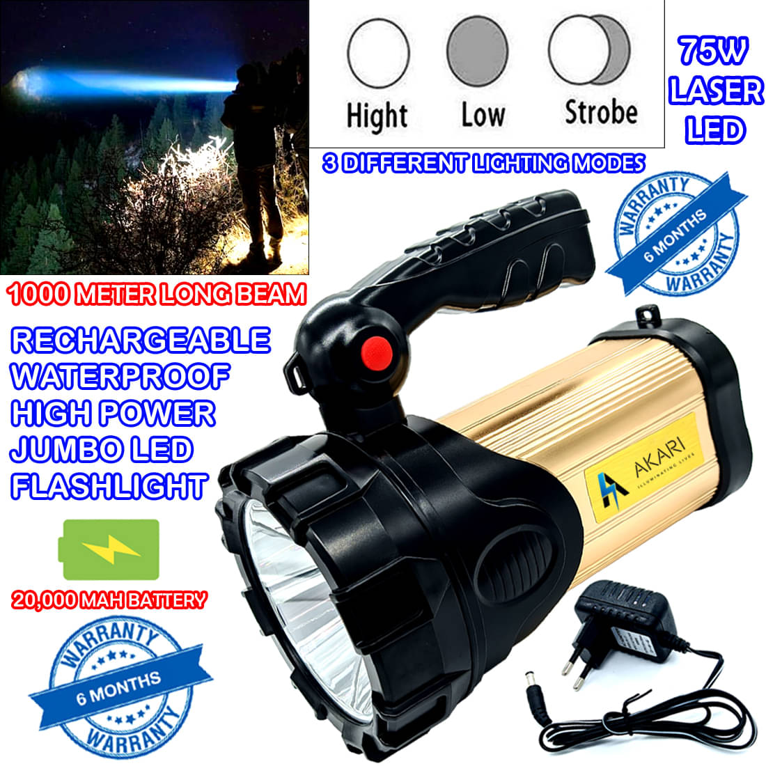     			DGM 1000 Meter Long Range 3 Mode Rechargeable High Power Waterproof Jumbo Above 50W Flashlight Torch Outdoor Search Light - Pack of 1