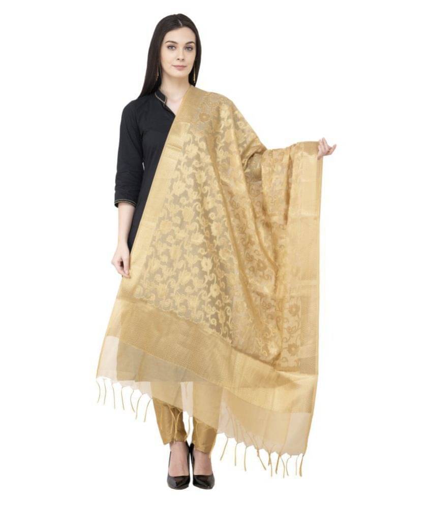     			A R Silk Gold Chanderi Hand Embroidered Dupatta