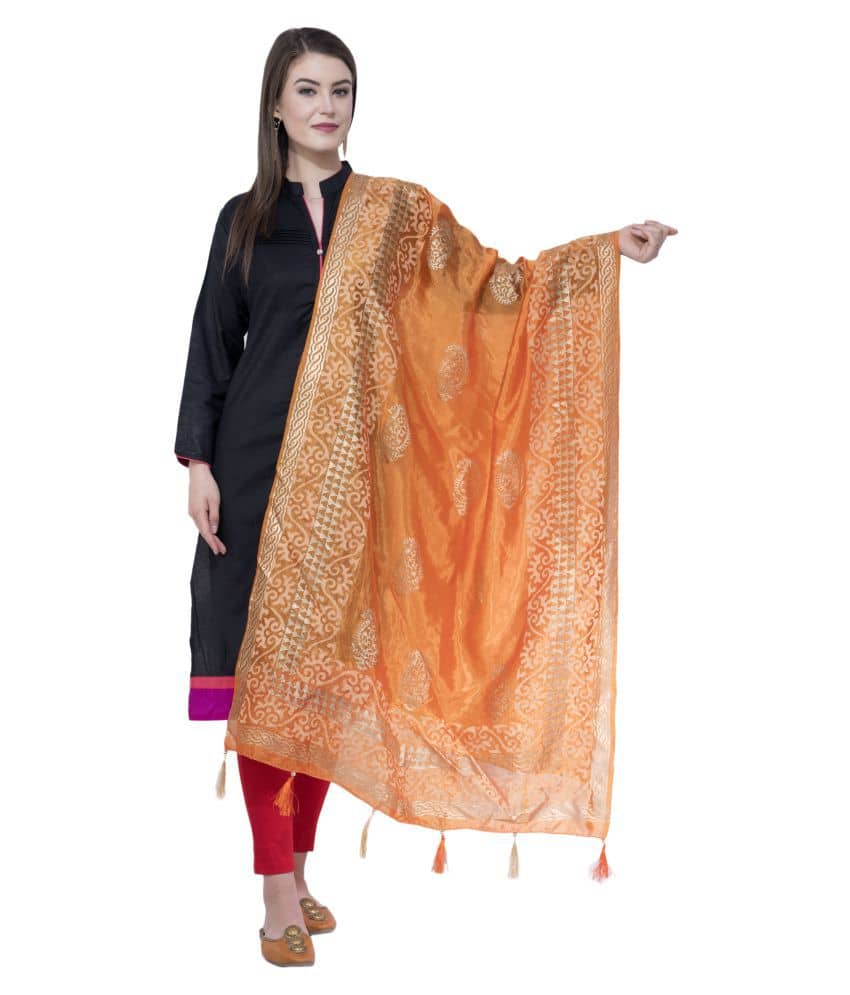 A R Silk Orange Silk Block printed Dupatta - Dupattas & Shawls | Buy online on ZillyBuy