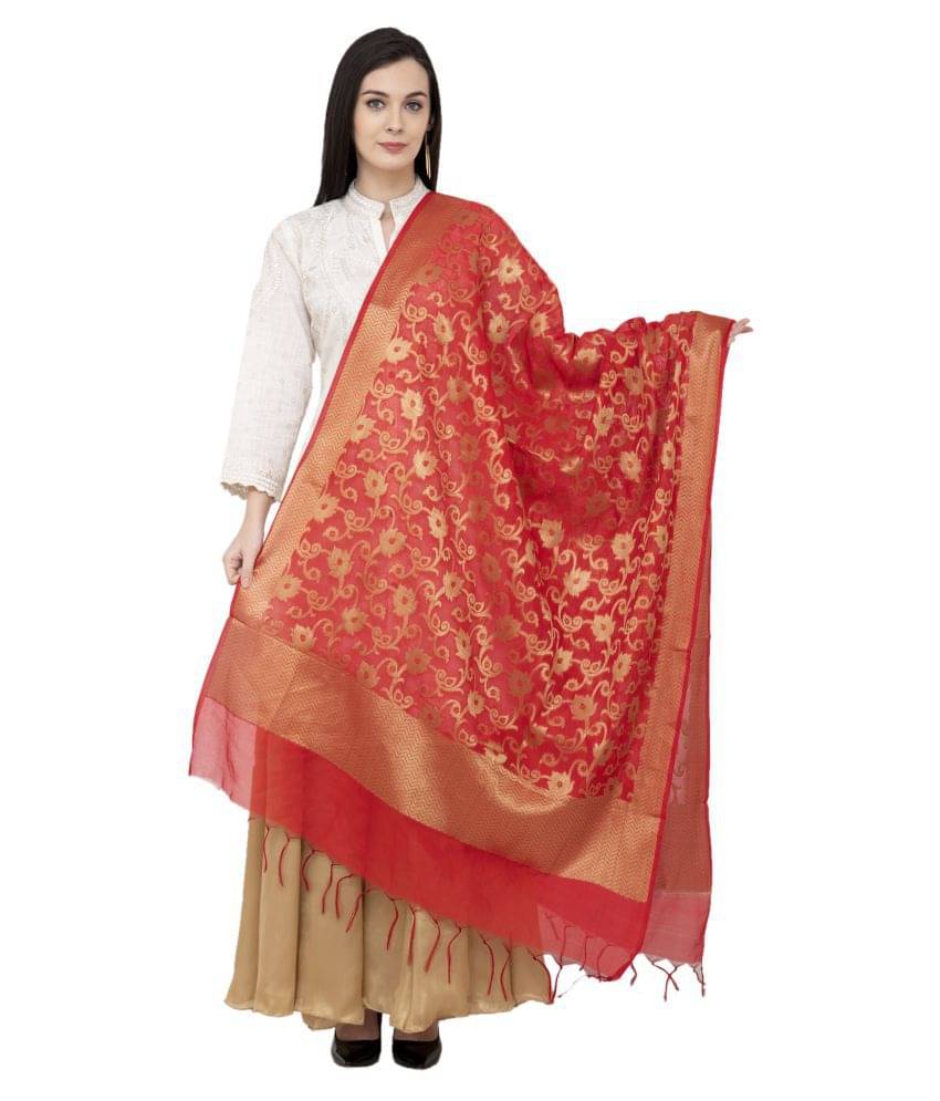 A R Silk Red Chanderi Hand Embroidered Dupatta A R Silk Red Chanderi Hand Embroidered Dupatta