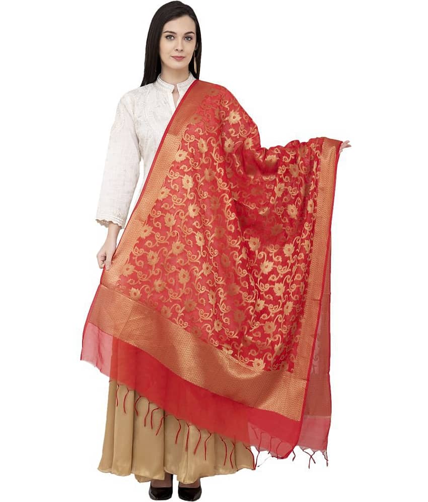 A R Silk Red Chanderi Hand Embroidered Dupatta - Dupattas & Shawls | Buy online on ZillyBuy