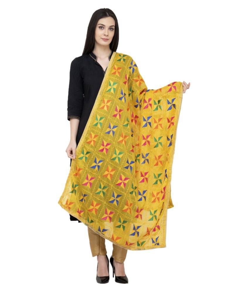     			A R Silk Yellow Chiffon Hand Embroidered Dupatta