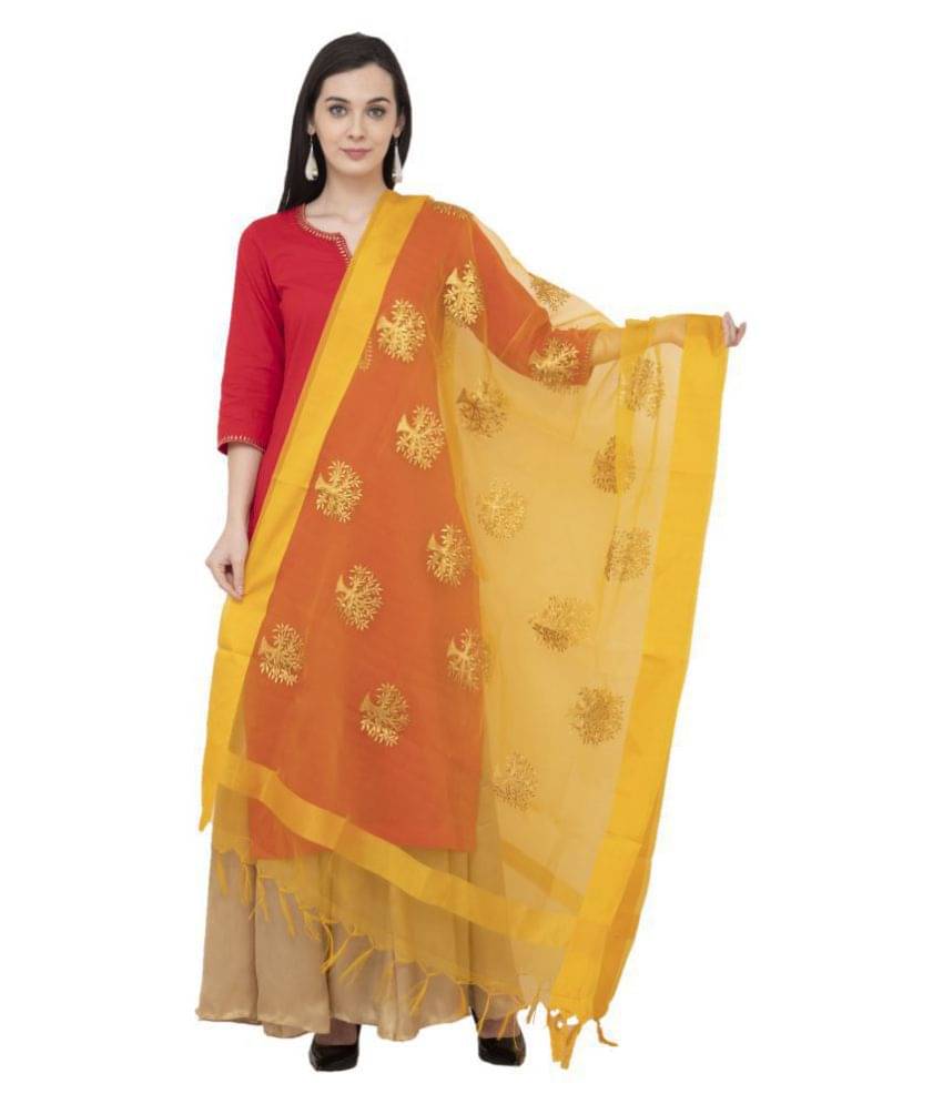     			A R Silk Yellow Tissue Hand Embroidered Dupatta