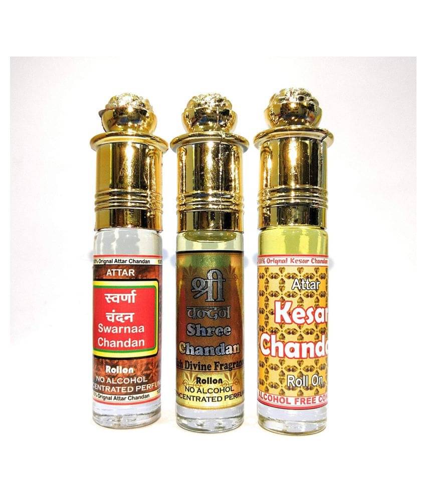     			Indra Sugandh Attar Swarnaa Chandan ~ Shree Chandan ~ Kesar Chandan 3 pc. Combo, 3 best Chandan Attar of India superb quality long lasting fragnance