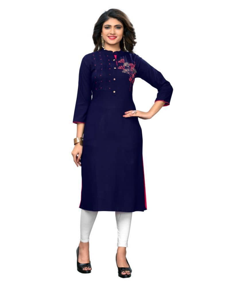 Vbuyz - Blue Rayon Women's Straight Kurti ( Pack of 1 ) - Kurtis, Tunics | Buy online on ZillyBuy