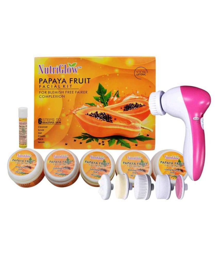     			Nutriglow Papaya Fruit Facial Kit For Blemish Free Fairer Complexion(260 gm) With 5 in 1 Face Rotating Massager
