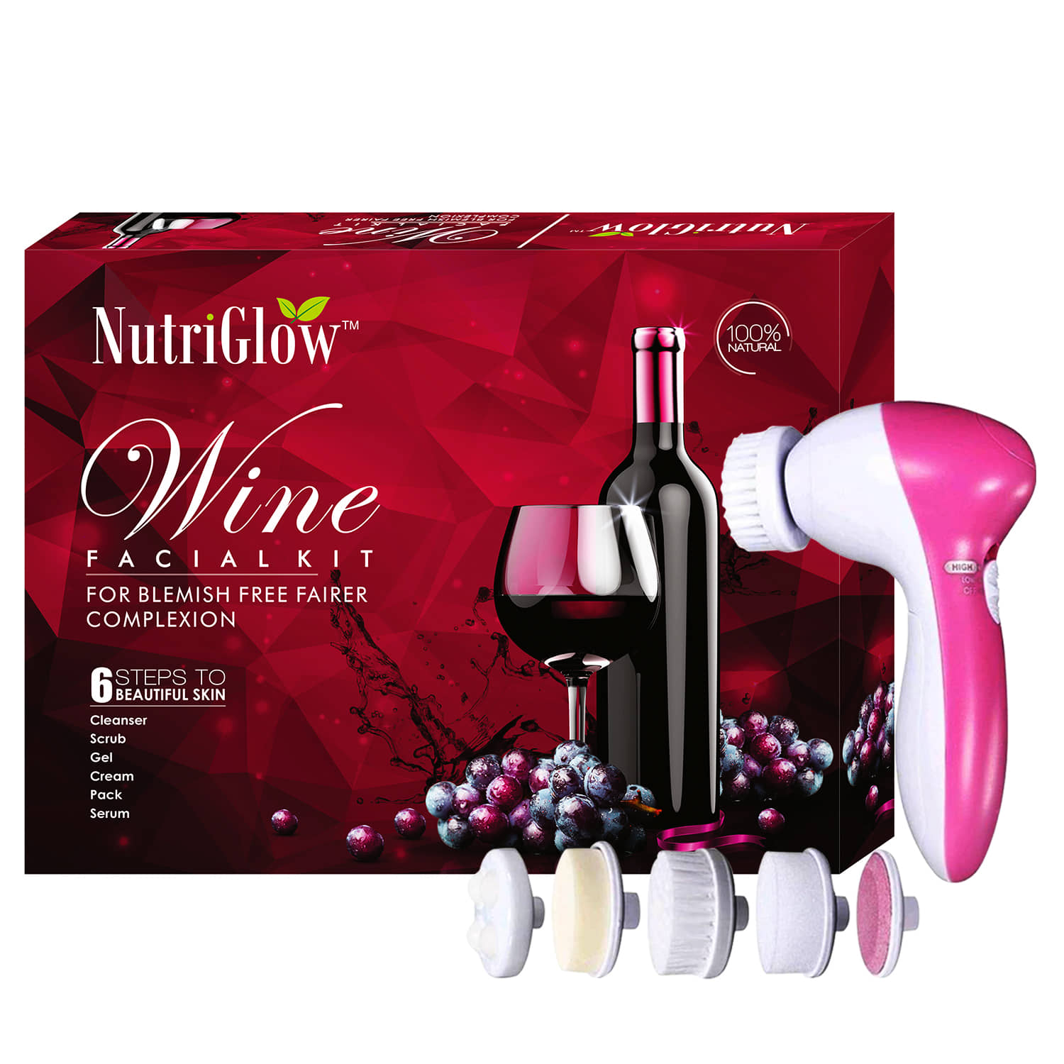 NutriGlow Wine Facial Cleanup Kit for Women for Glowing Skin 6-Pieces Skin Care Set 250gm+10ml with Free Face Massager