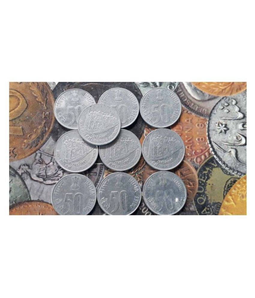     			10 Coins LOT - 50 Paise - 1997 - 50th Year of Independence - Steel Commemorative Coin INDIA - CIRCULATED Condition