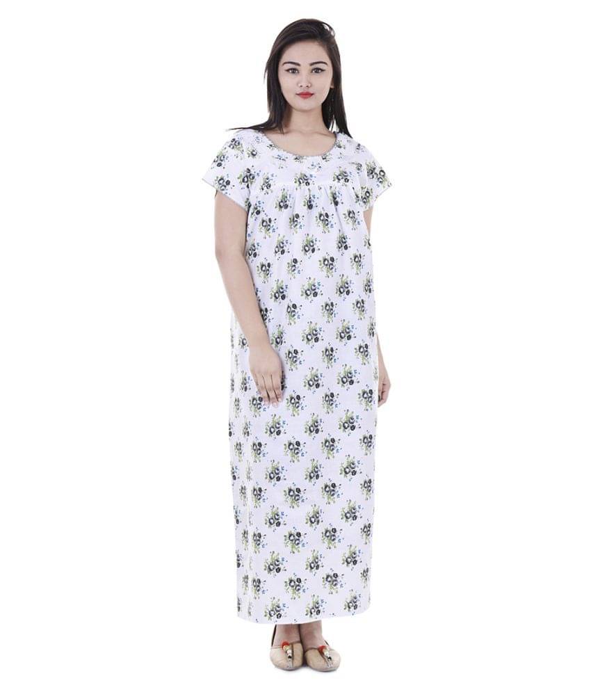 Raj Cotton Nighty & Night Gowns - White Raj Cotton Nighty & Night Gowns - White