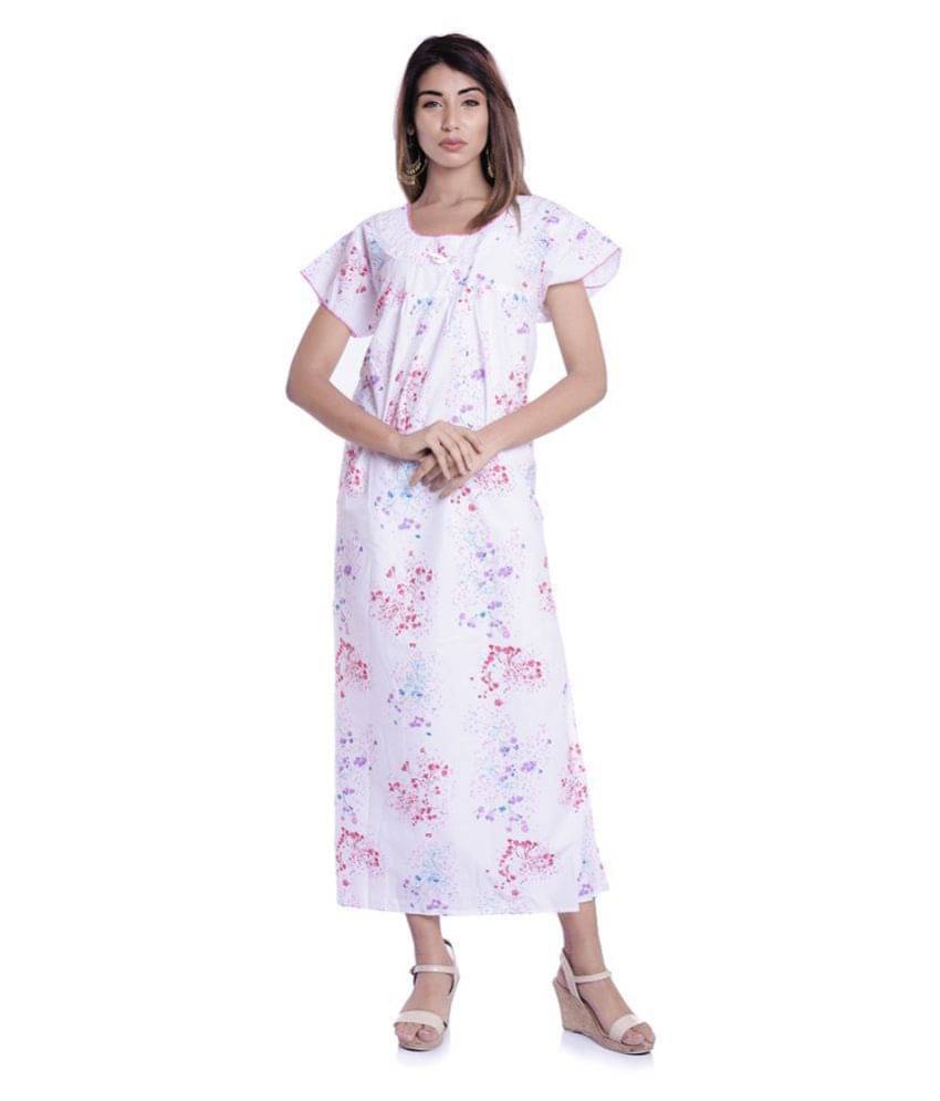Raj Cotton Nighty & Night Gowns - White     			Raj Cotton Nighty & Night Gowns - White