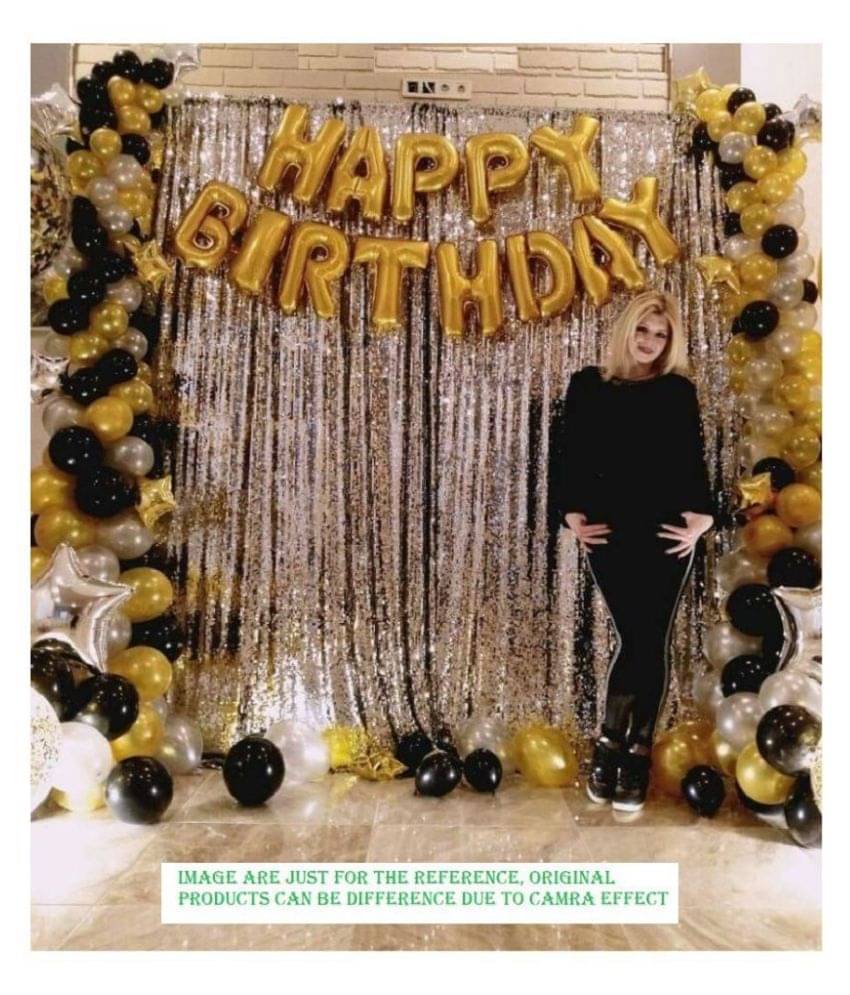     			Trendy House  Happy Birthday Decoration Letter Foil Balloon Set of Gold + 2Pcs Silver Fringe Curtain (3 X 6 Feet) + Pack of 50 pcs Metallic Balloons (Black, Gold and Silver)