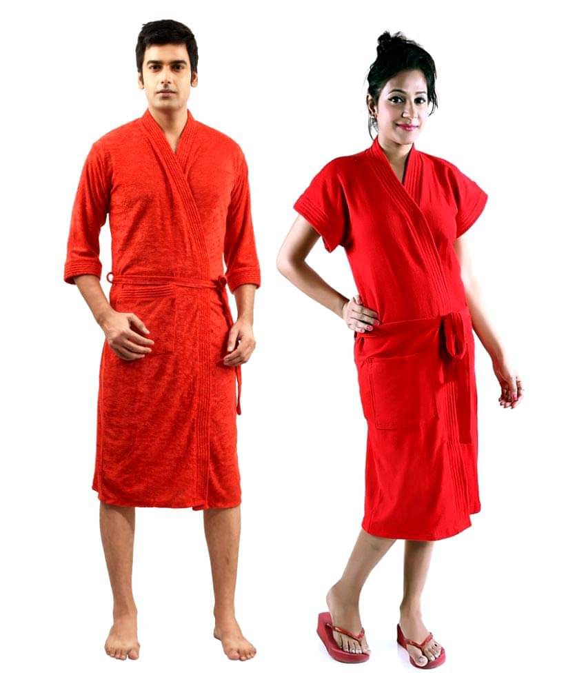     			superior Set of 2 Free Size Bathrobe Red