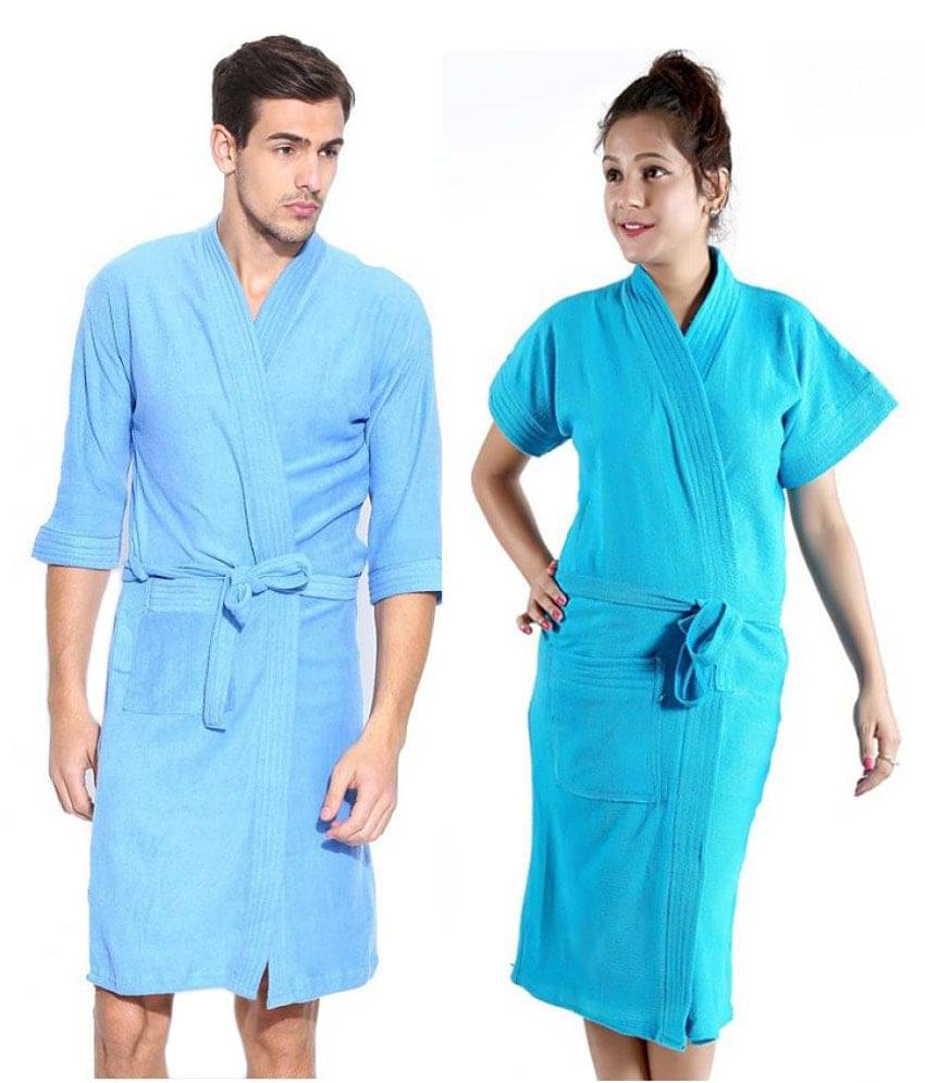     			superior Set of 2 Free Size Bathrobe Blue