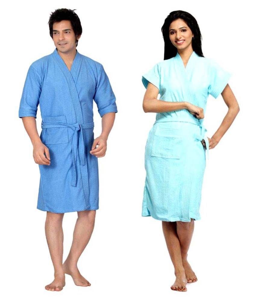     			superior Set of 2 Free Size Bathrobe Blue