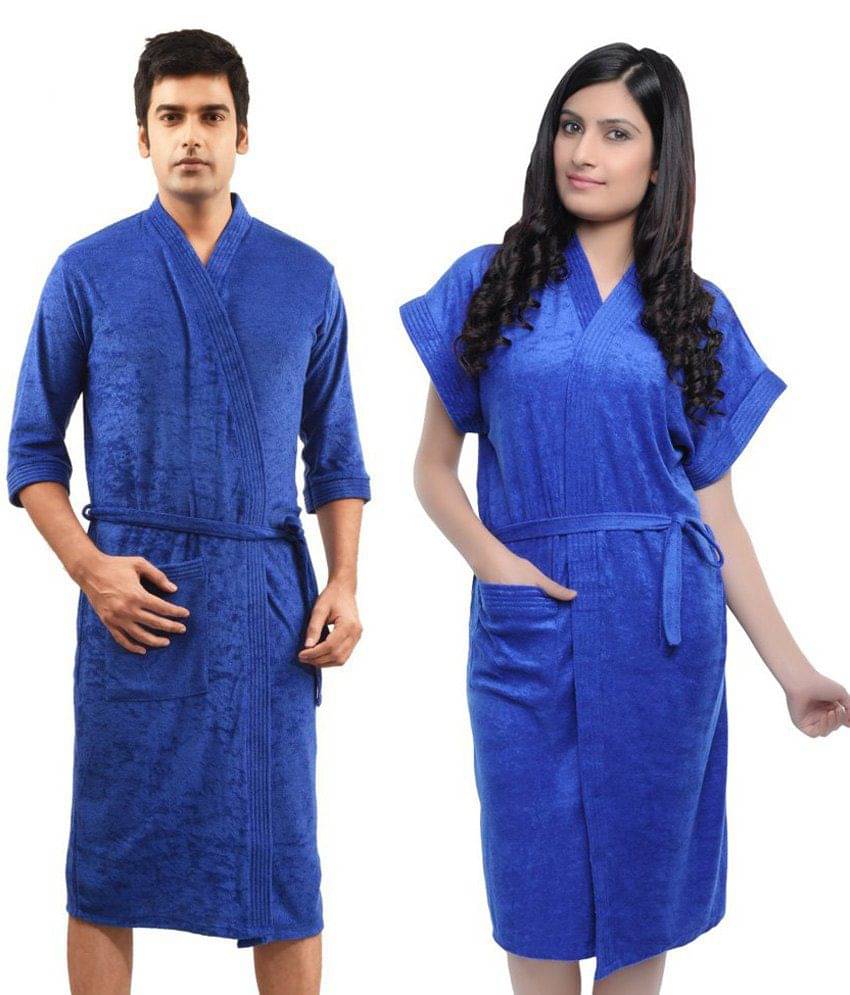     			superior Set of 2 Free Size Bathrobe Blue