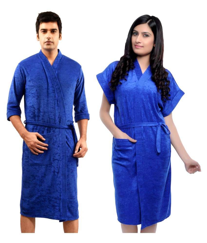     			superior Set of 2 Free Size Bathrobe Blue