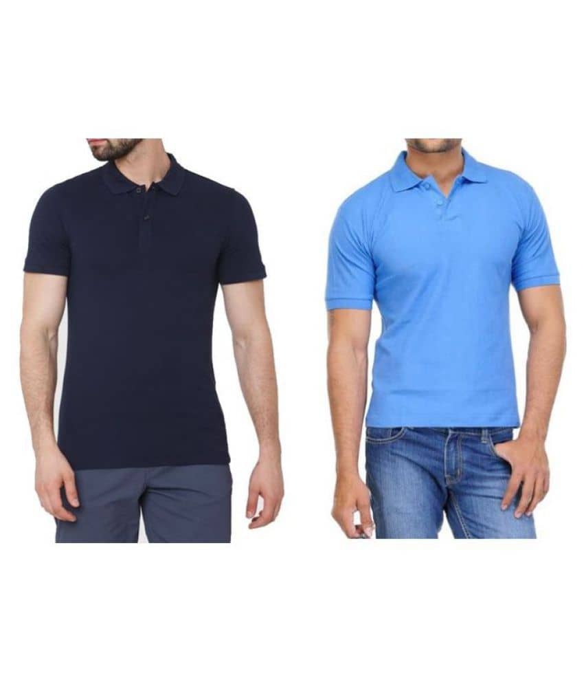 FASHION365 Pack of 2 Cotton Blend Slim Fit Solid Half Sleeves Men's Polo T Shirt ( Blue )