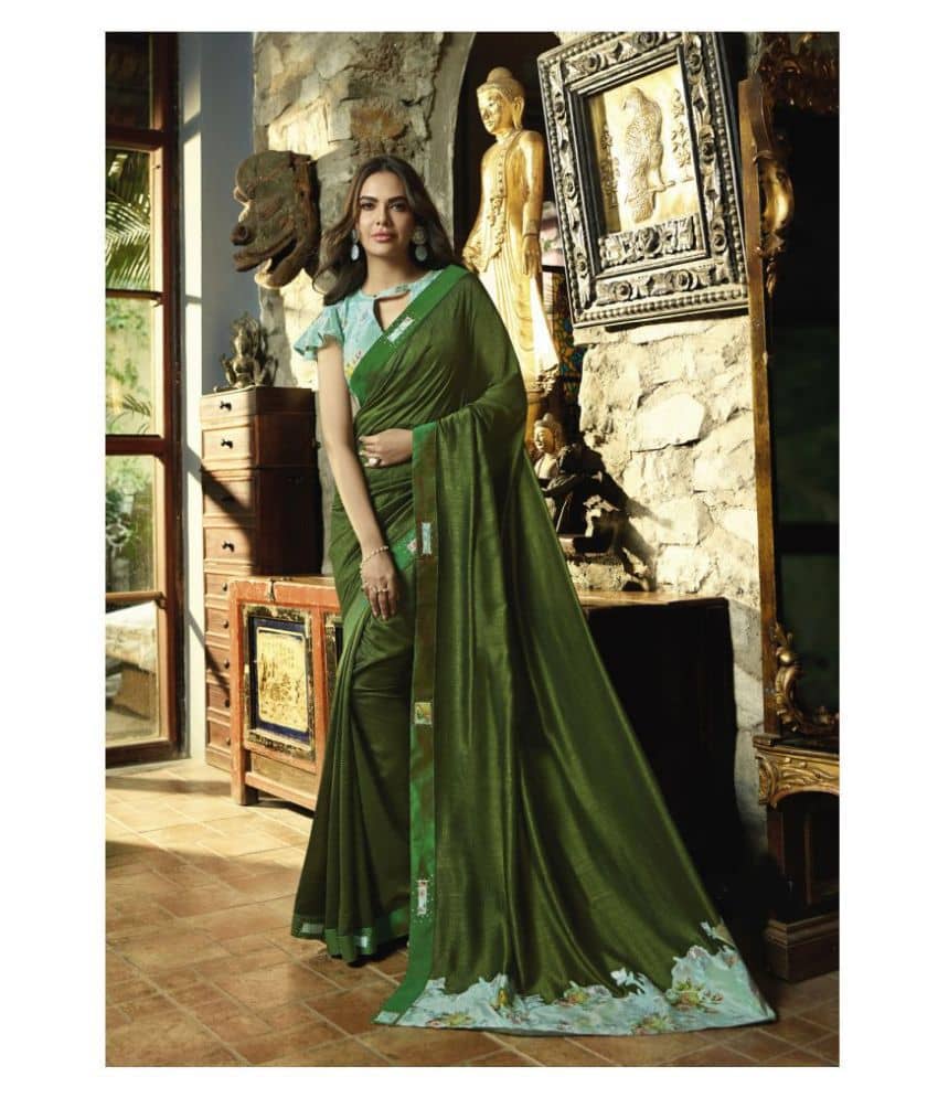 Shaily Georgette Saree With Unstitched Blouse Piece ( Green ) - Sarees | Buy online on ZillyBuy