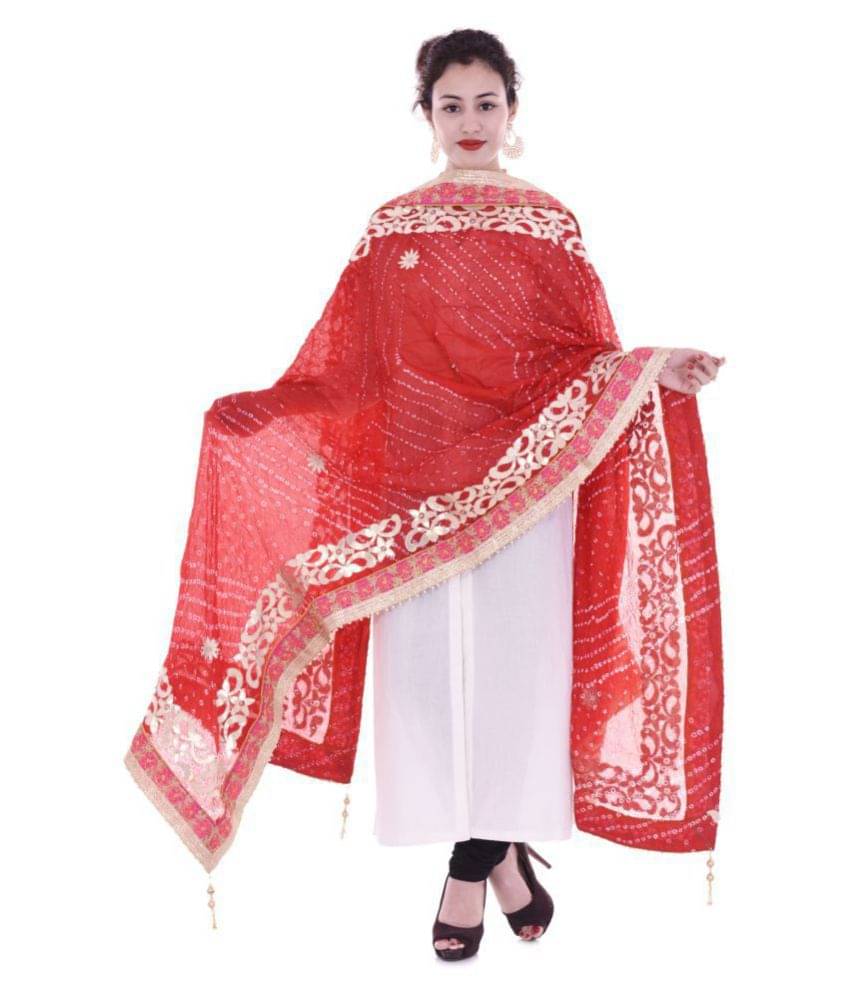 Indian Handicraft Red Art Silk Bandhej Dupatta     			Indian Handicraft Red Art Silk Bandhej Dupatta
