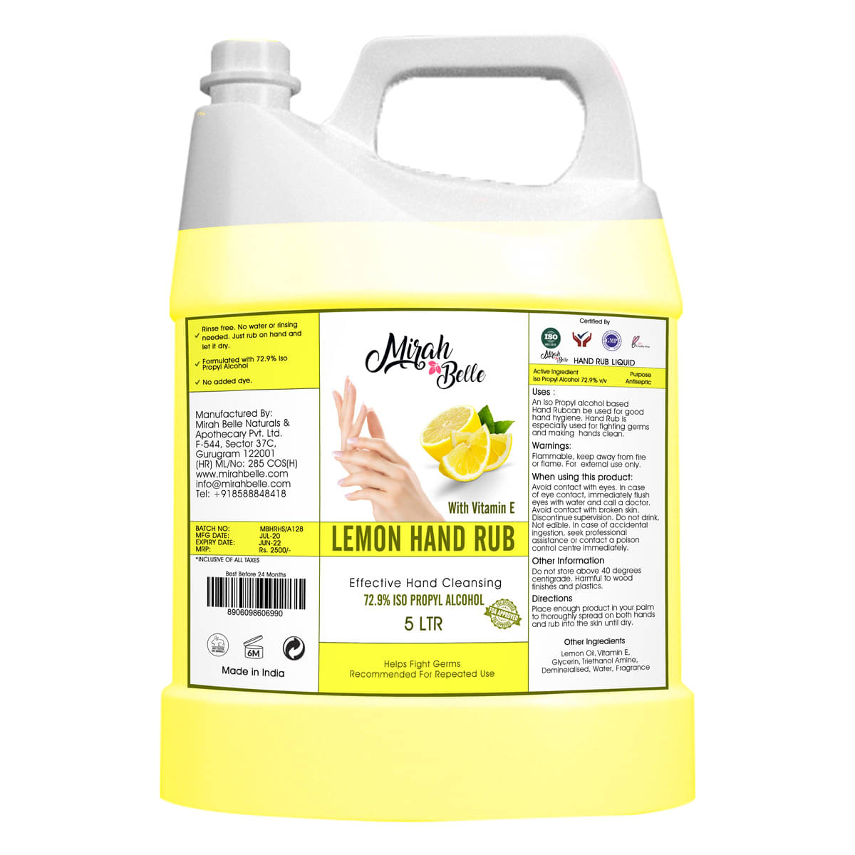 Mirah Belle Lemon Hand Rub Sanitizer Liquid Can- Sulfate Free Hand Sanitizer 5000 mL Pack of 1 Mirah Belle Lemon Hand Rub Sanitizer Liquid Can- Sulfate Free Hand Sanitizer 5000 mL Pack of 1