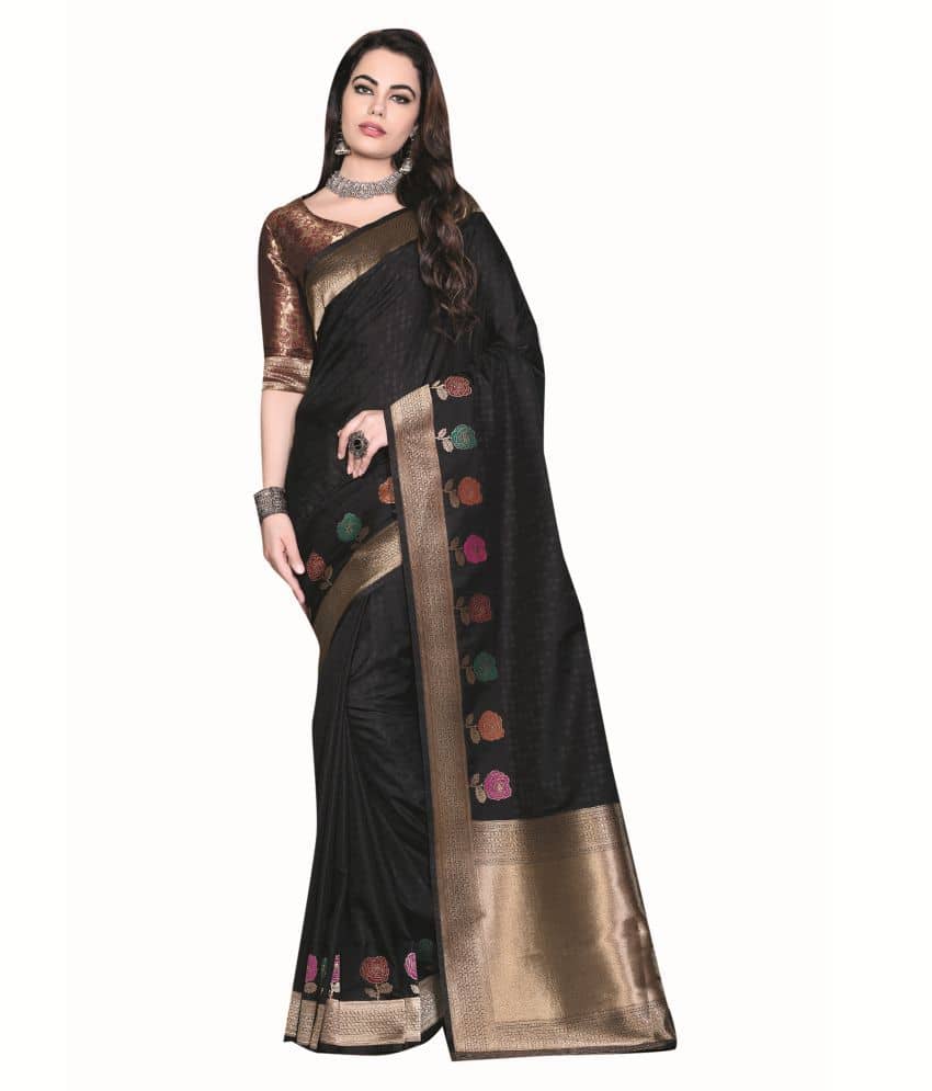 Aarrah Silk Saree With Unstitched Blouse Piece ( Black ) - Sarees | Buy online on ZillyBuy
