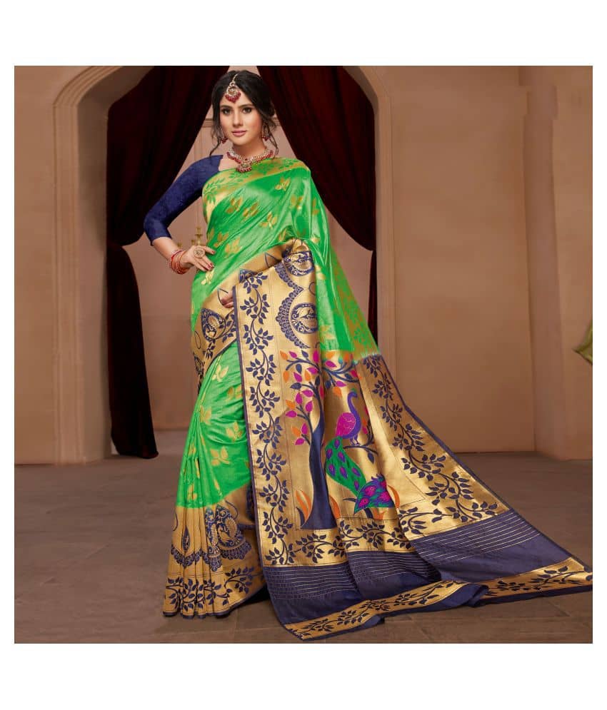 Aarrah Cotton Silk Saree With Unstitched Blouse Piece ( Green ) - Sarees | Buy online on ZillyBuy