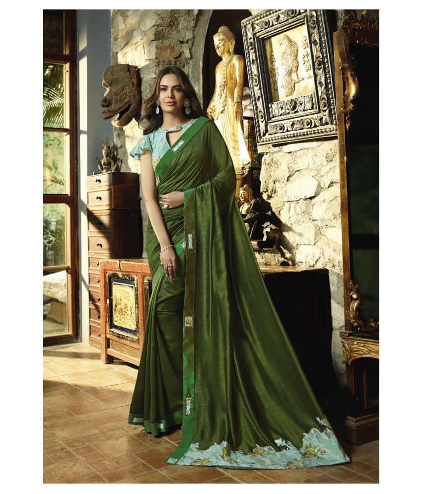 Aarrah Georgette Saree With Unstitched Blouse Piece ( Green ) - Sarees | Buy online on ZillyBuy