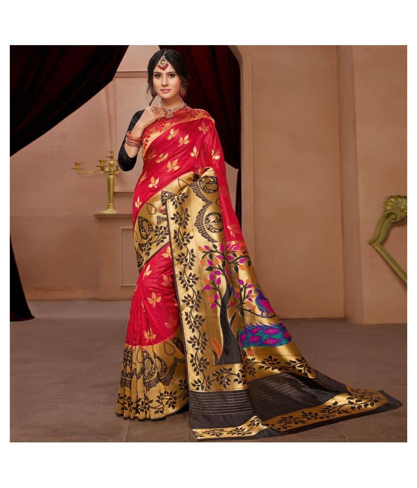 Aarrah Cotton Silk Saree With Unstitched Blouse Piece ( Red ) - Sarees | Buy online on ZillyBuy