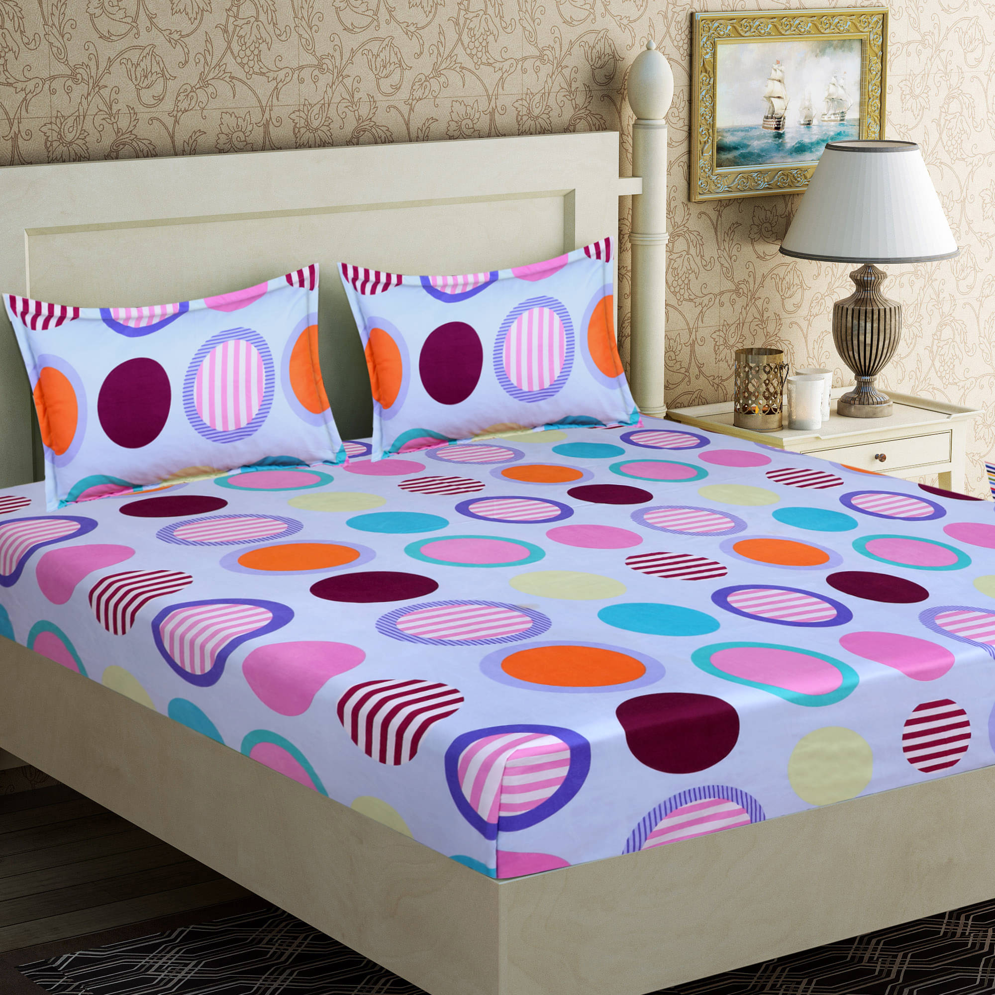     			Home Candy Microfiber Geometric Double Bedsheet with 2 Pillow Covers- Blue