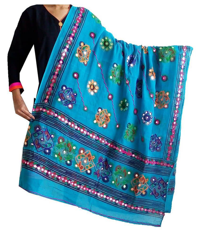 Raj Blue Cotton Hand Embroidered Dupatta - Dupattas & Shawls | Buy online on ZillyBuy