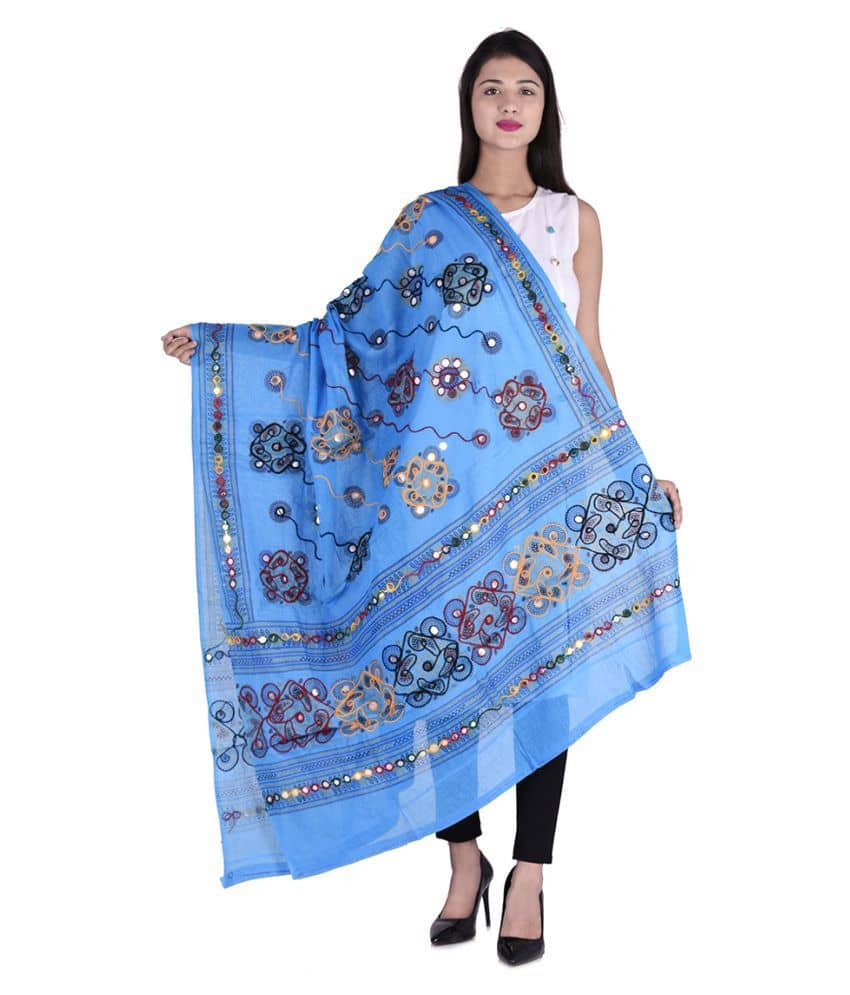 Raj Blue Cotton Kutch Embroidered Dupatta - Dupattas & Shawls | Buy online on ZillyBuy