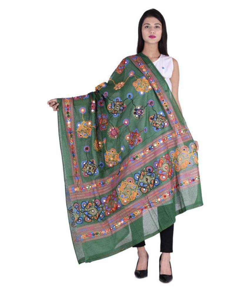 Raj Green Cotton Kutch Embroidered Dupatta Raj Green Cotton Kutch Embroidered Dupatta