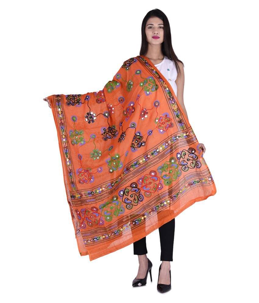 Raj Orange Cotton Kutch Embroidered Dupatta Raj Orange Cotton Kutch Embroidered Dupatta